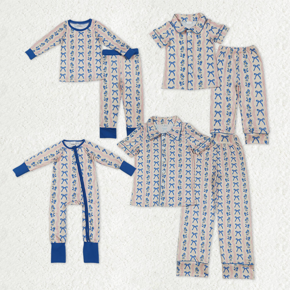 Family Sibling Blue Bows Flower Stripes Button Women Girls Pajamas Sets Zipper Footie Rompers