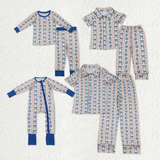 Family Sibling Blue Bows Flower Stripes Button Women Girls Pajamas Sets Zipper Footie Rompers