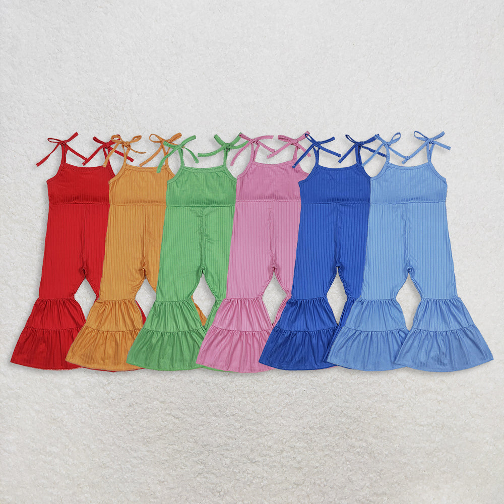 Sibling Baby Girls Colorful Strap Bell Bottom Ribbed Jumpsuits