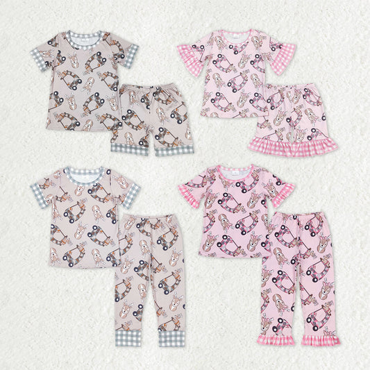 Sibling Baby Girls Trucks Deer Checked Sleeves Top Shorts Pants Christmas Clothes Sets