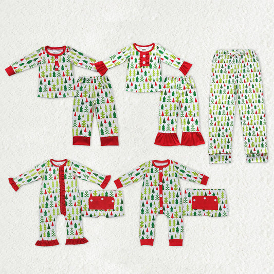 Family Sibling Green Red Trees Button Top Pants Christmas Pajamas Sets Zipper Footie Rompers Women Pants