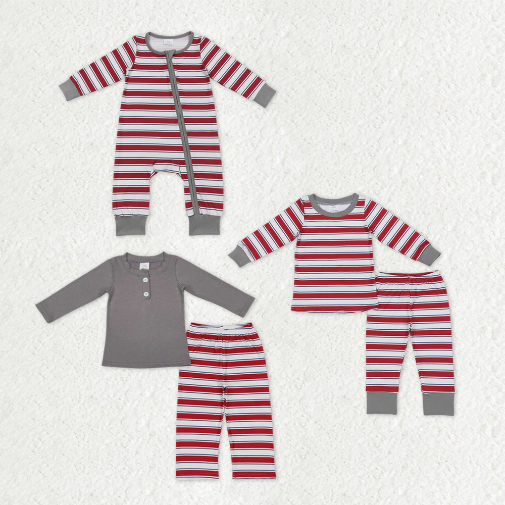 Sibling Baby Boys Girls Red Stripe Top Pants Christmas Pajamas Clothes Sets Zipper Footie Rompers