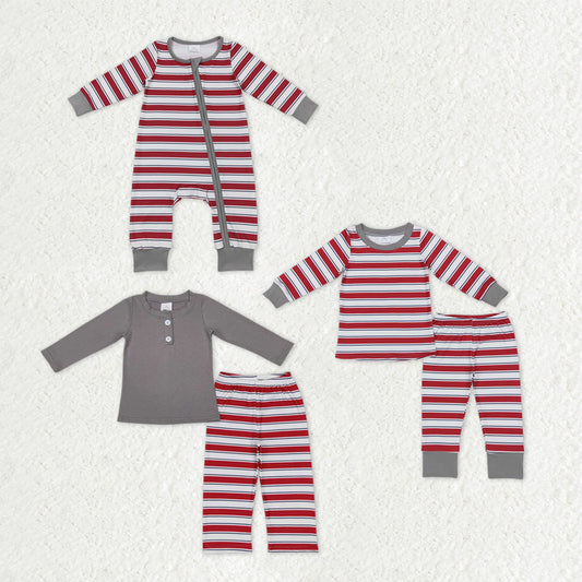 Sibling Baby Boys Girls Red Stripe Top Pants Christmas Pajamas Clothes Sets Zipper Footie Rompers