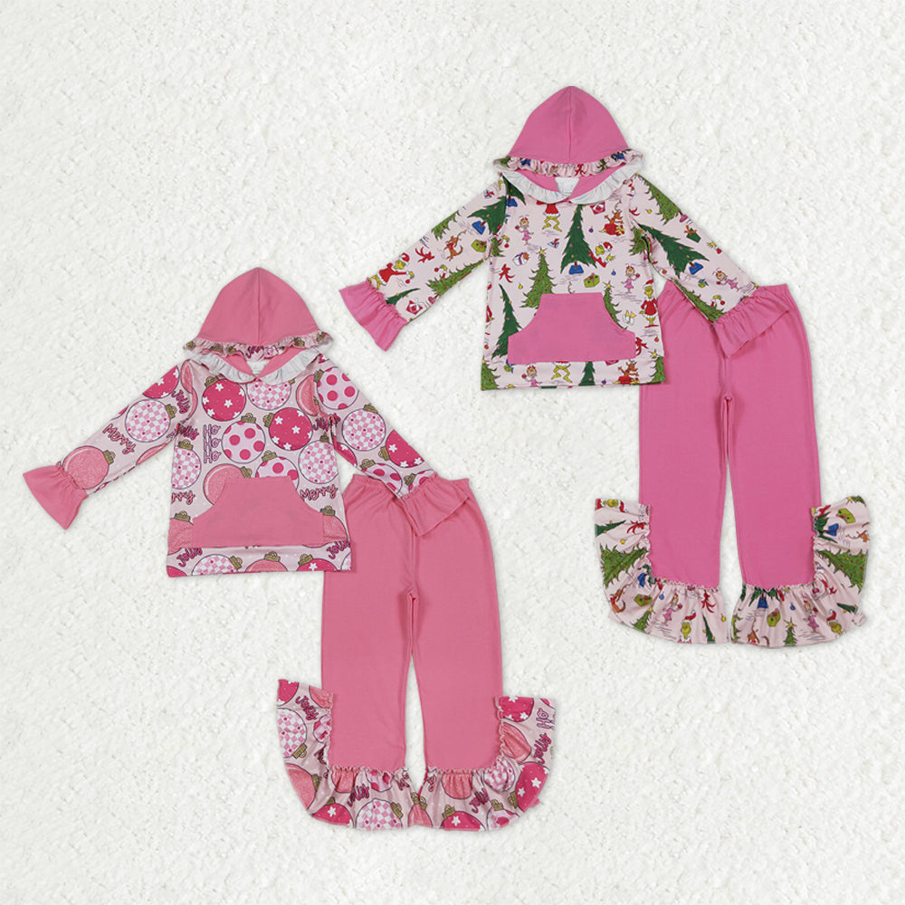 Sibling Baby Girls Pink Lights Grin Plaid Pocket Hoodies Ruffle Bell Pants Christmas Clothes Sets