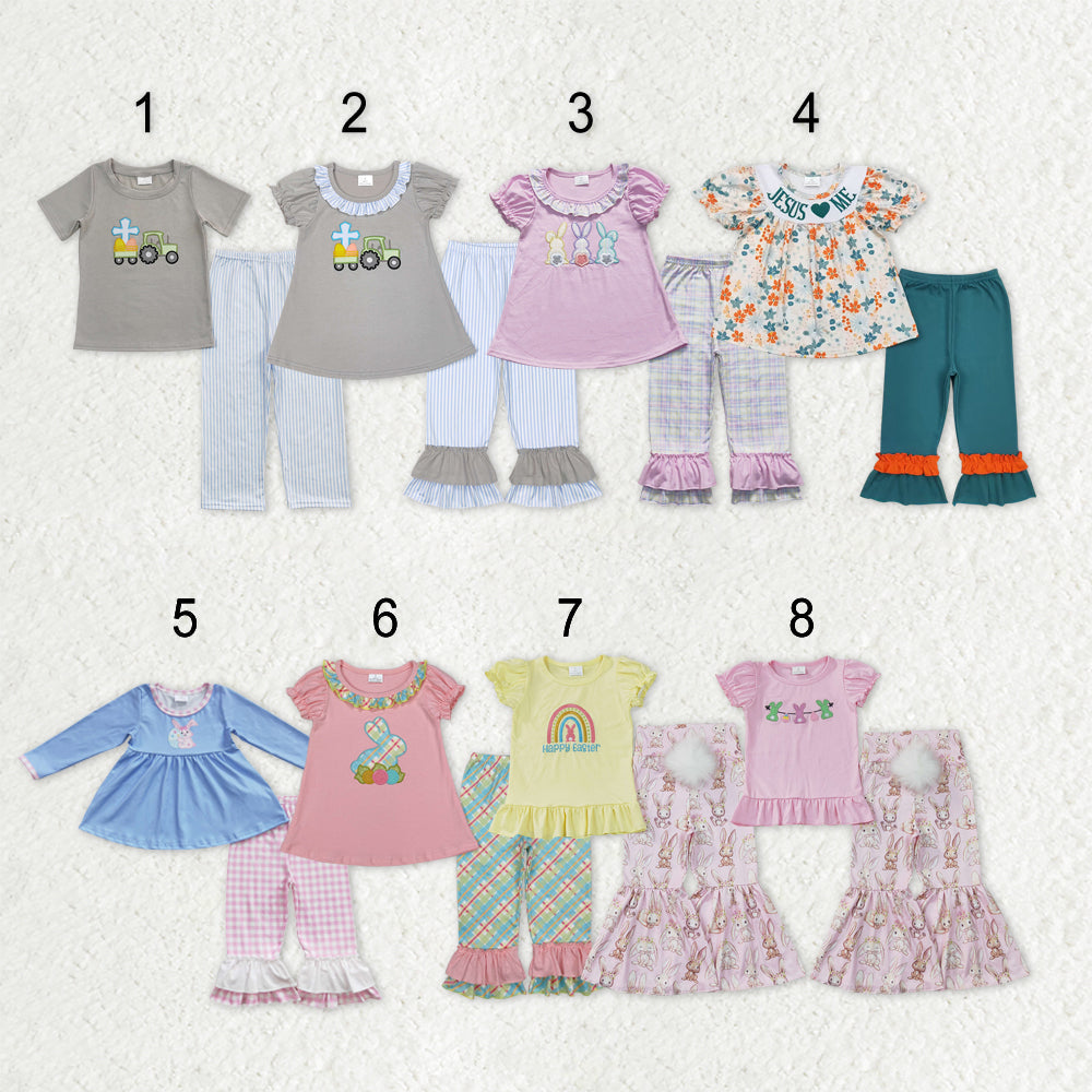 Sibling Baby Kids Embroidery Rabbits Eggs Jesus Top Pants Easter Clothes Set