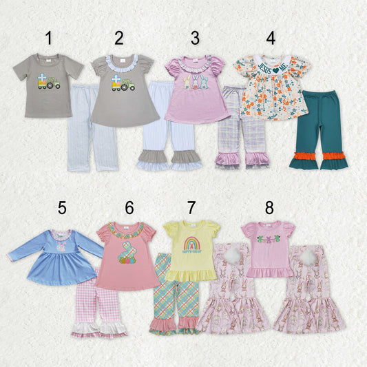 Sibling Baby Kids Embroidery Rabbits Eggs Jesus Top Pants Easter Clothes Set