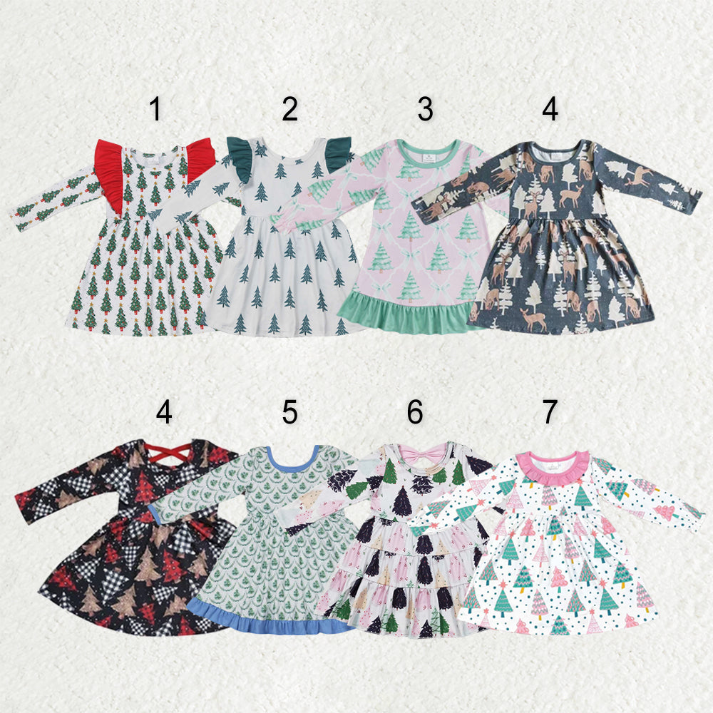 Sibling Baby Girls Bows Trees Plaid Christmas Ruffle Knee Length Dresses