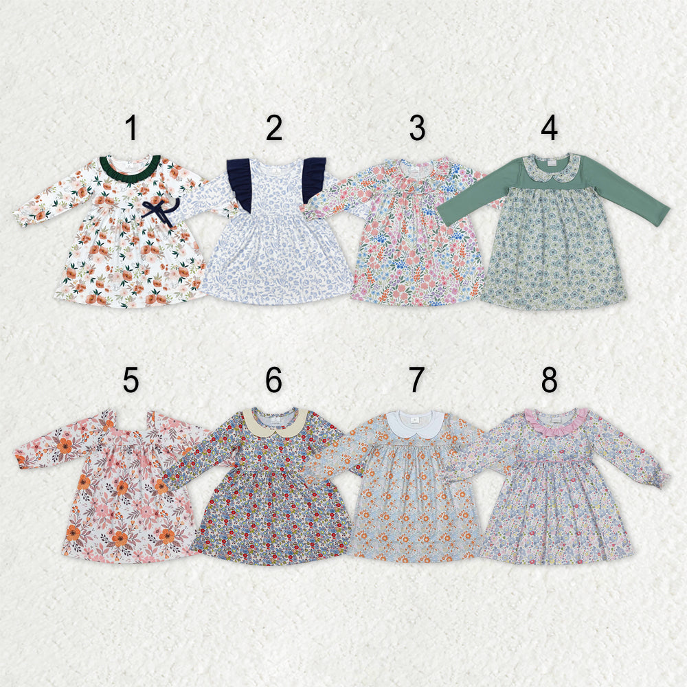 Sibling Baby Girls Flowers Plaid Long Ruffle Sleeve Knee Length Dresses