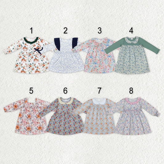 Sibling Baby Girls Flowers Plaid Long Ruffle Sleeve Knee Length Dresses