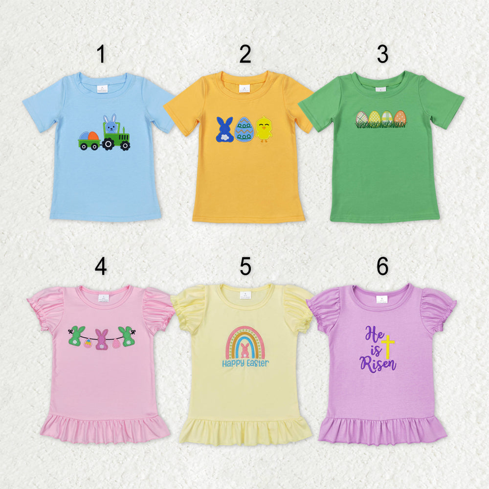 Sibling Baby Boys Girls Embroidery Eggs Rabbits Cross Easter Tee Shirts Top
