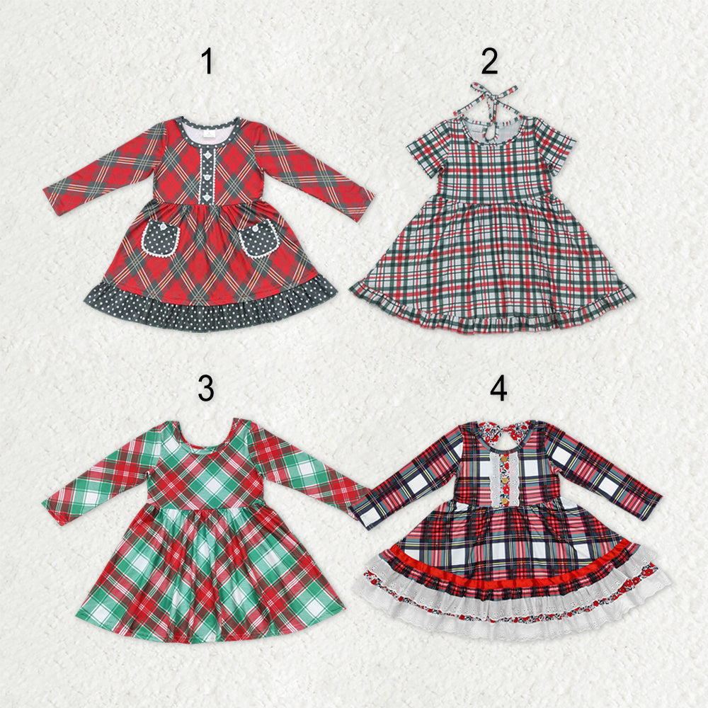 Sibling Baby Girls Green Red Checked Christmas Knee Length Dresses