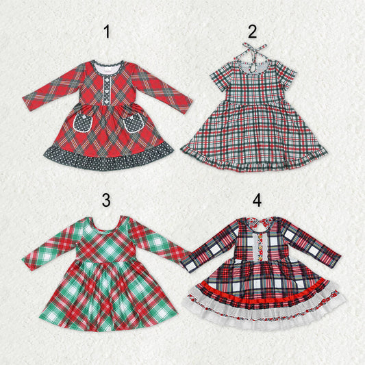Sibling Baby Girls Green Red Checked Christmas Knee Length Dresses