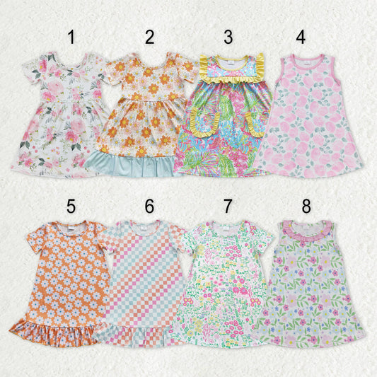 Sibling Baby Girls Flowers Checked Ruffle Knee Length Dresses