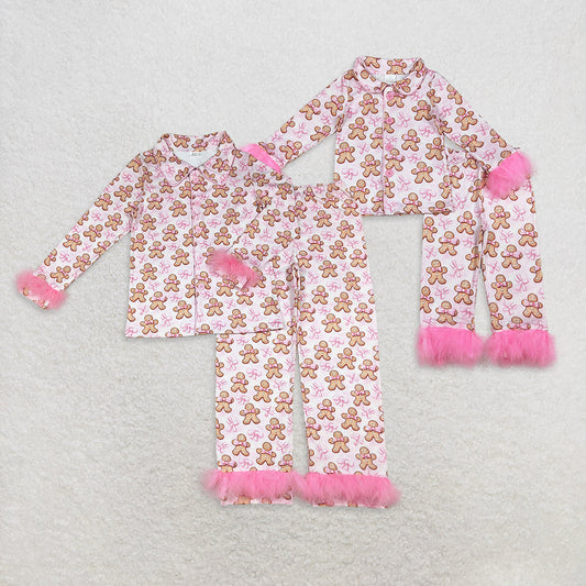 Mama and Me Pink Bows Gingerbread Button Top Pants Christmas Fur Pajamas Sets