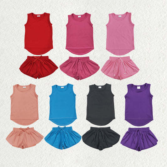 Sibling Baby Girls Sleeveless Colorful Yoga Vests Top Ruffle Shorts Set