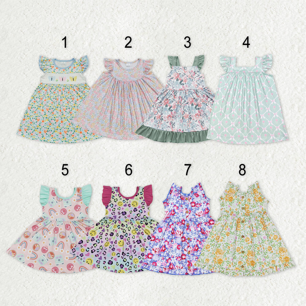 Sibling Baby Girls Flowers Plaid Flutter Sleeve Ruffle Knee Length Dresses