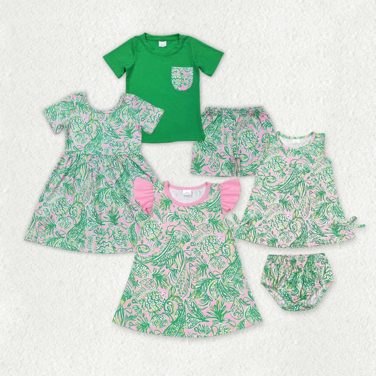 Sibling Baby Boys Girls Green Leaves Fish Summer Outfits Clothes Sets Shirts Tunic Dresses