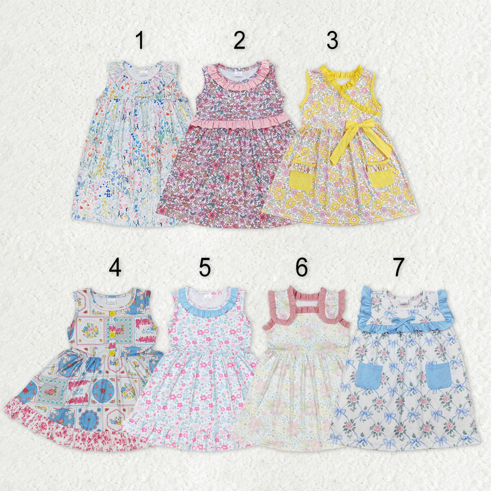 Sibling Baby Girls Sleeveless Flowers Pockets Ruffle Knee Length Dresses