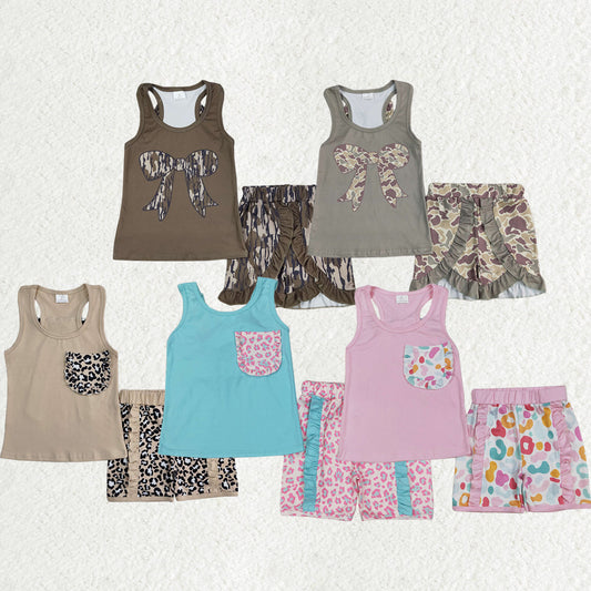 Sibling Baby Girls Sleeveless Colorful Leopard Camo Bow Vest Top Ruffle Shorts Set