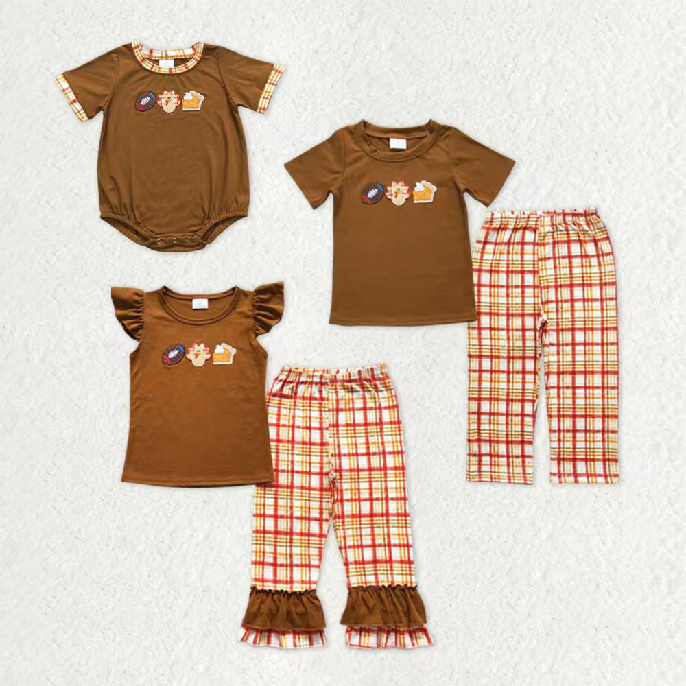 Sibling Baby Boys Girls Embroidery Turkey Footballs Pie Thanksgiving Clothes Sets Rompers