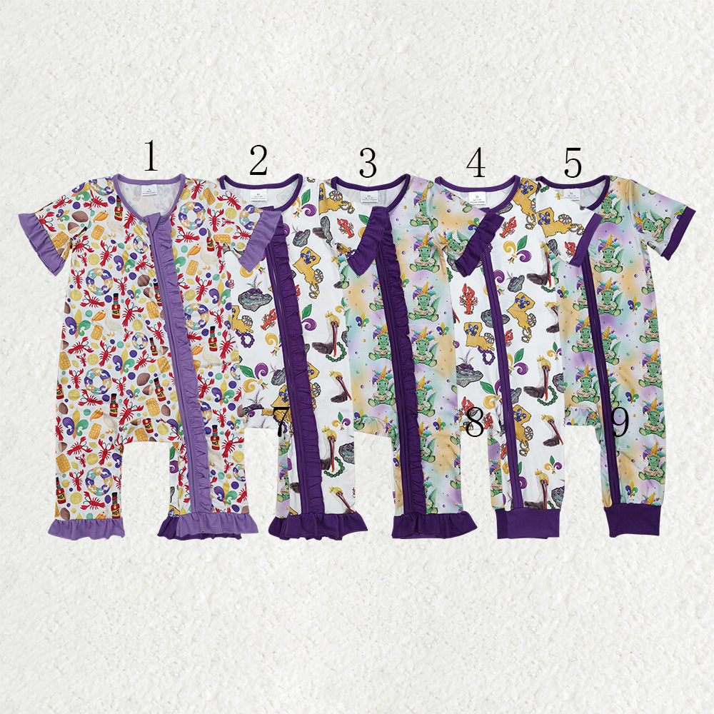 Sibling Baby Boys Girls Short Sleeves Mardigras Zipper Footie Rompers
