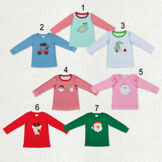 Sibling Baby Boys Girls Embroidery Santa Trees Deer Christmas Tee Shirts Top