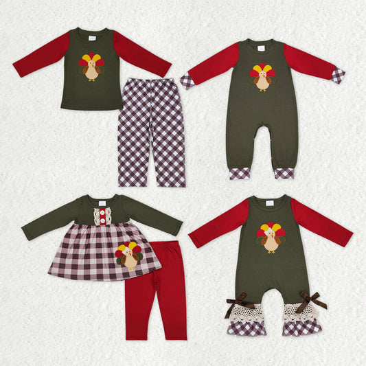 Sibling Baby Kids Embroidery Turkey Thanksgiving Clothes Sets Footie Rompers
