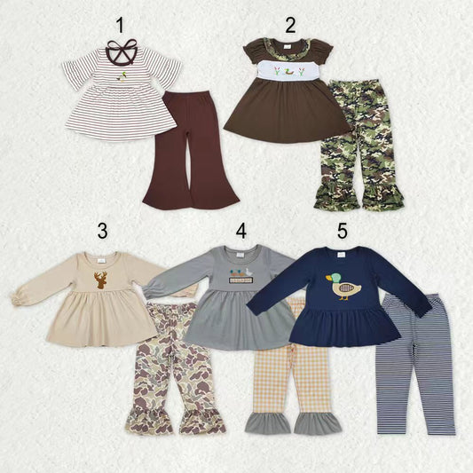 Sibling Baby Girls Embroidery Ducks Deer Camo Tunic Ruffle Pants Hunting Clothes Sets