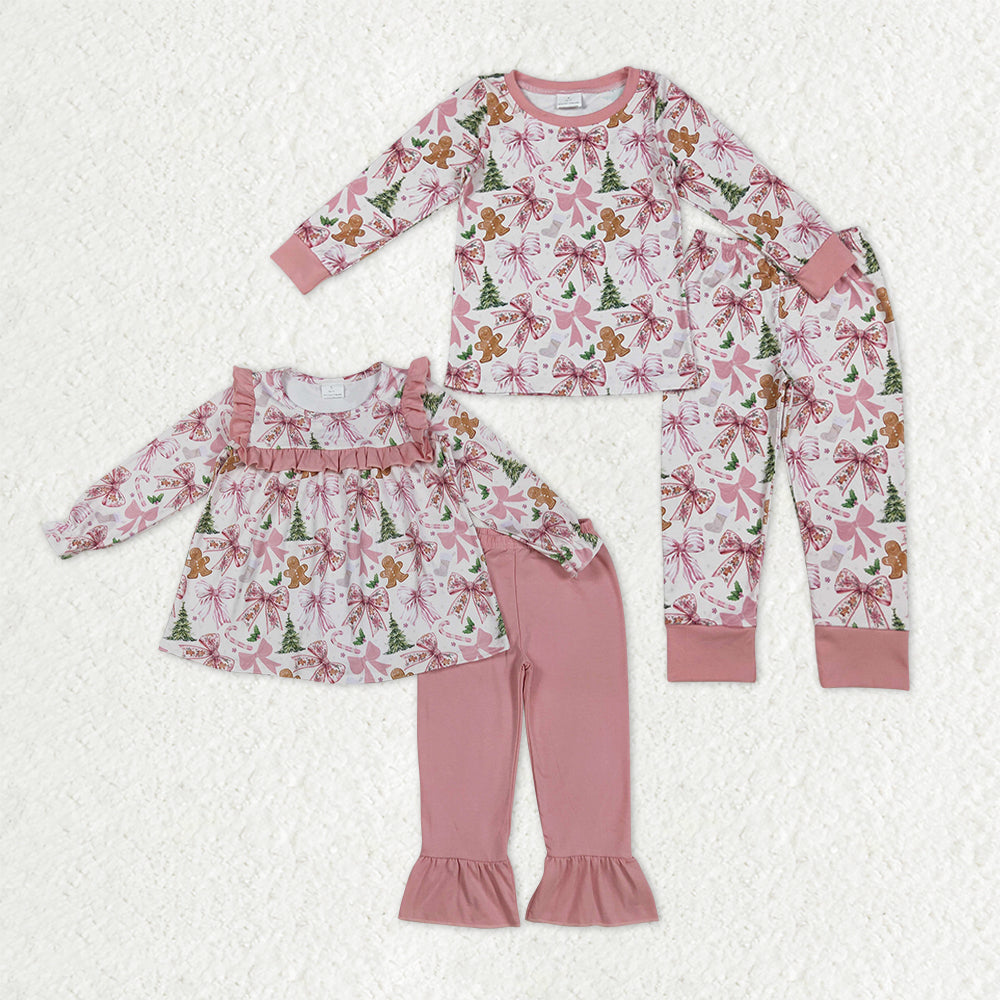 Sibling Baby Girls Pink Bows Gingerbread Trees Top Pants Christmas Pajamas Clothes Sets