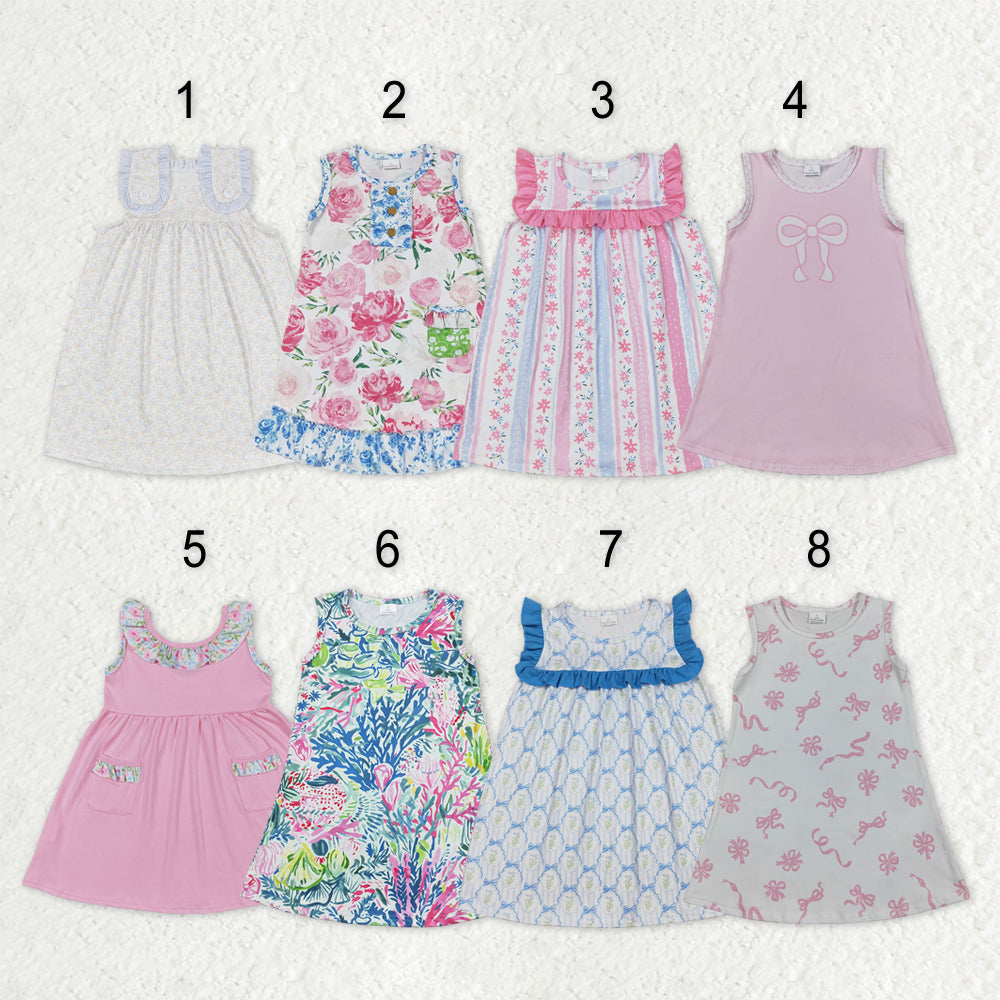 Sibling Baby Girls Sleeveless Bows Flowers Stripes Ruffle Knee Length Dresses