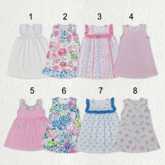 Sibling Baby Girls Sleeveless Bows Flowers Stripes Ruffle Knee Length Dresses