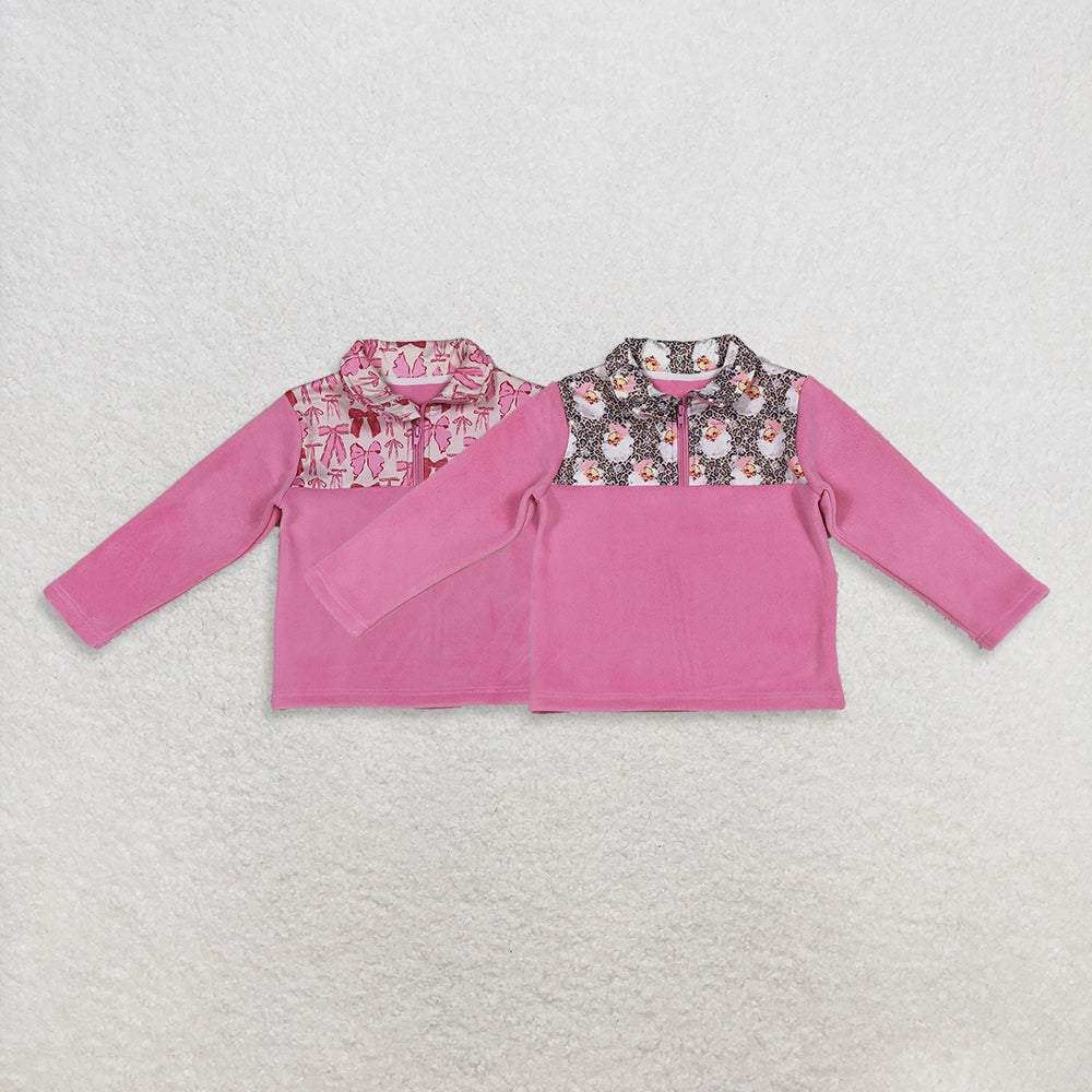 Sibling Baby Girls Pink Bows Plaid Leopard Santa Quatrefoil Zipper Pullover Sherpa Tops