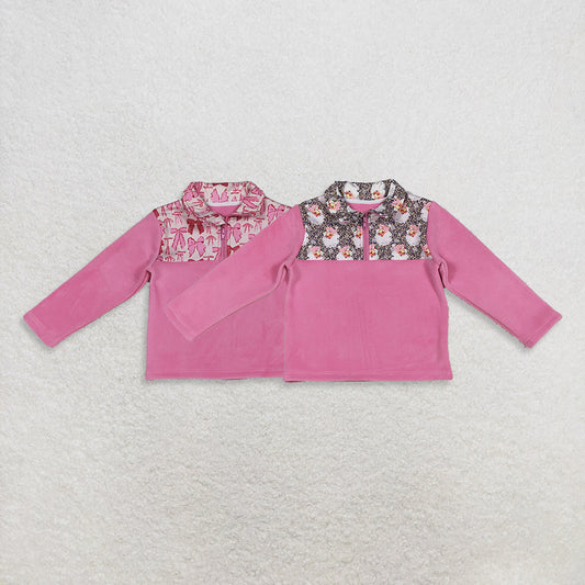 Sibling Baby Girls Pink Bows Plaid Leopard Santa Quatrefoil Zipper Pullover Sherpa Tops