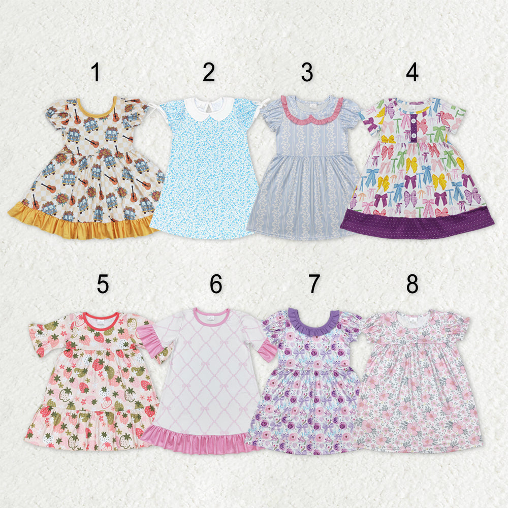 Sibling Baby Girls Flowers Plaid Short Ruffle Sleeve Knee Length Dresses