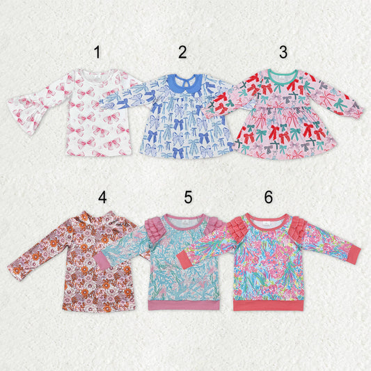 Sibling Baby Girls Colorful Bows Floral Tee Shirts Top