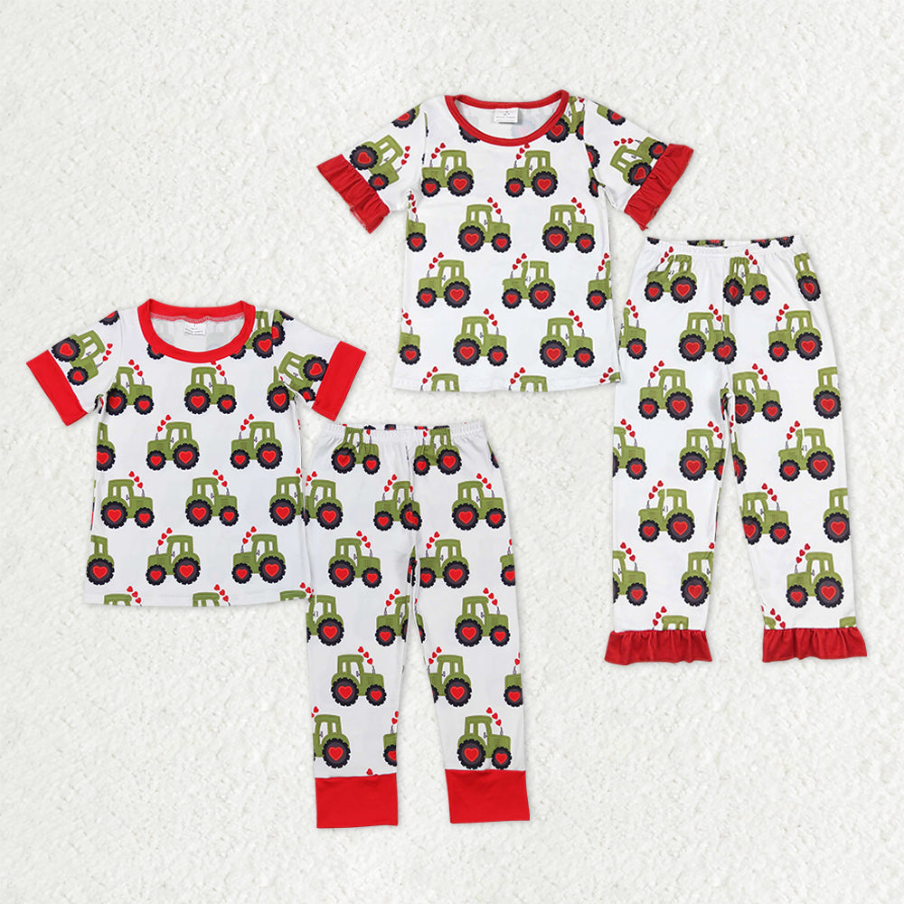 Sibling Baby Boys Girls Heart Trucks Top Pant Valentine Pajamas Sets