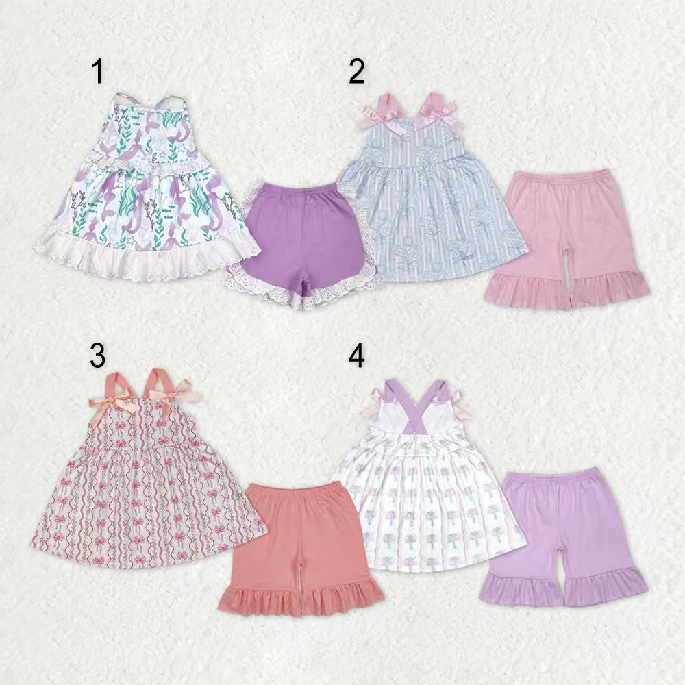 Sibling Baby Girls Strap Flowers Tunic Ruffle Shorts Clothes Sets