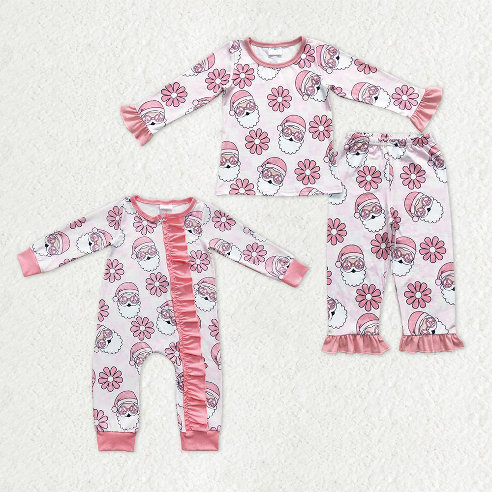Sibling Baby Girls Pink Santa Flowers Top Pants Christmas Pajamas Sets Ruffle Zipper Rompers