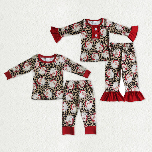 Sibling Baby Boys Girls Santa Leopard Top Pant Christmas Pajamas Sets