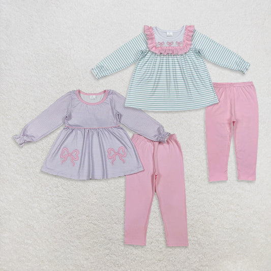 Sibling Baby Girls Embroidery Bows Stripe Tunic Leggings Pants Clothes Sets