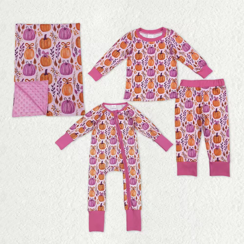 Sibling Baby Kids Hot Pink Pumpkins Floral Pajamas Sets Zipper Footie Rompers Blankets