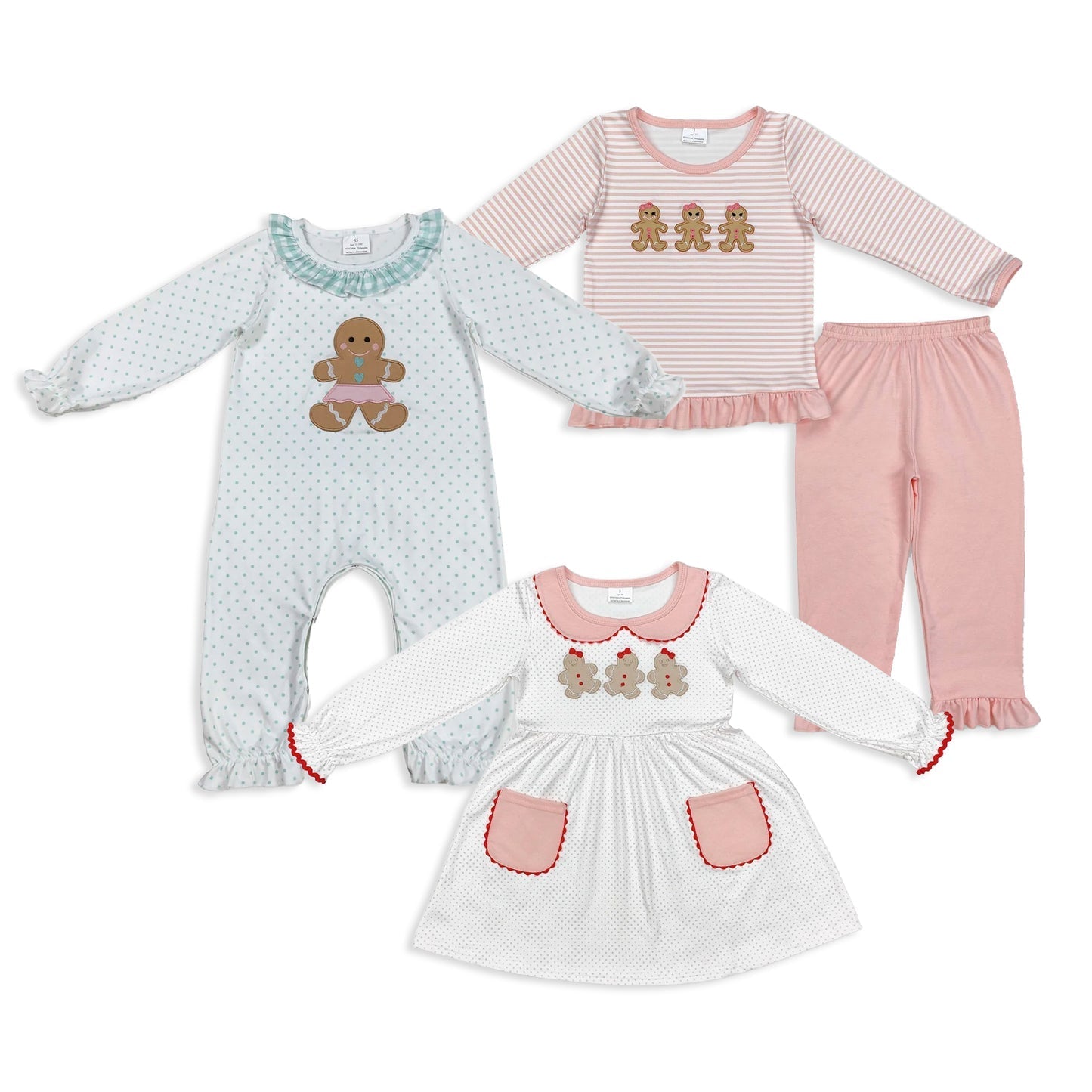 Sibling Baby Girls Embroidery Gingerbread Christmas Knee Length Dress Footie Rompers Clothes Sets