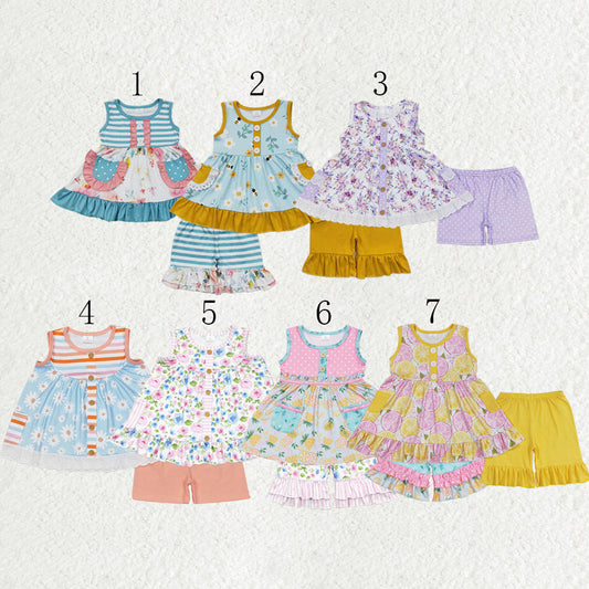 Sibling Baby Girls Sleeveless Bows Lemons Pockets Button Tunic Ruffle Shorts Set