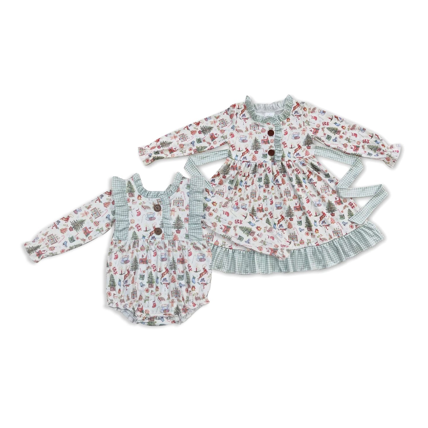 Sibling Baby Girls Christmas Present Belt Button Ruffle Knee Length Dresses Rompers