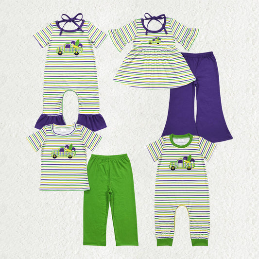 Sibling Baby Boys Girls Embroidery Truck Anchors Stripe Mardigras Clothes Sets Footie Rompers