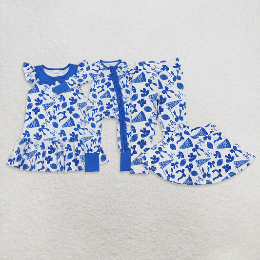 Sibling Baby Girls Blue Bows Footballs Go Team Zipper Romper Dresses Legging Pant Skorts Bottom