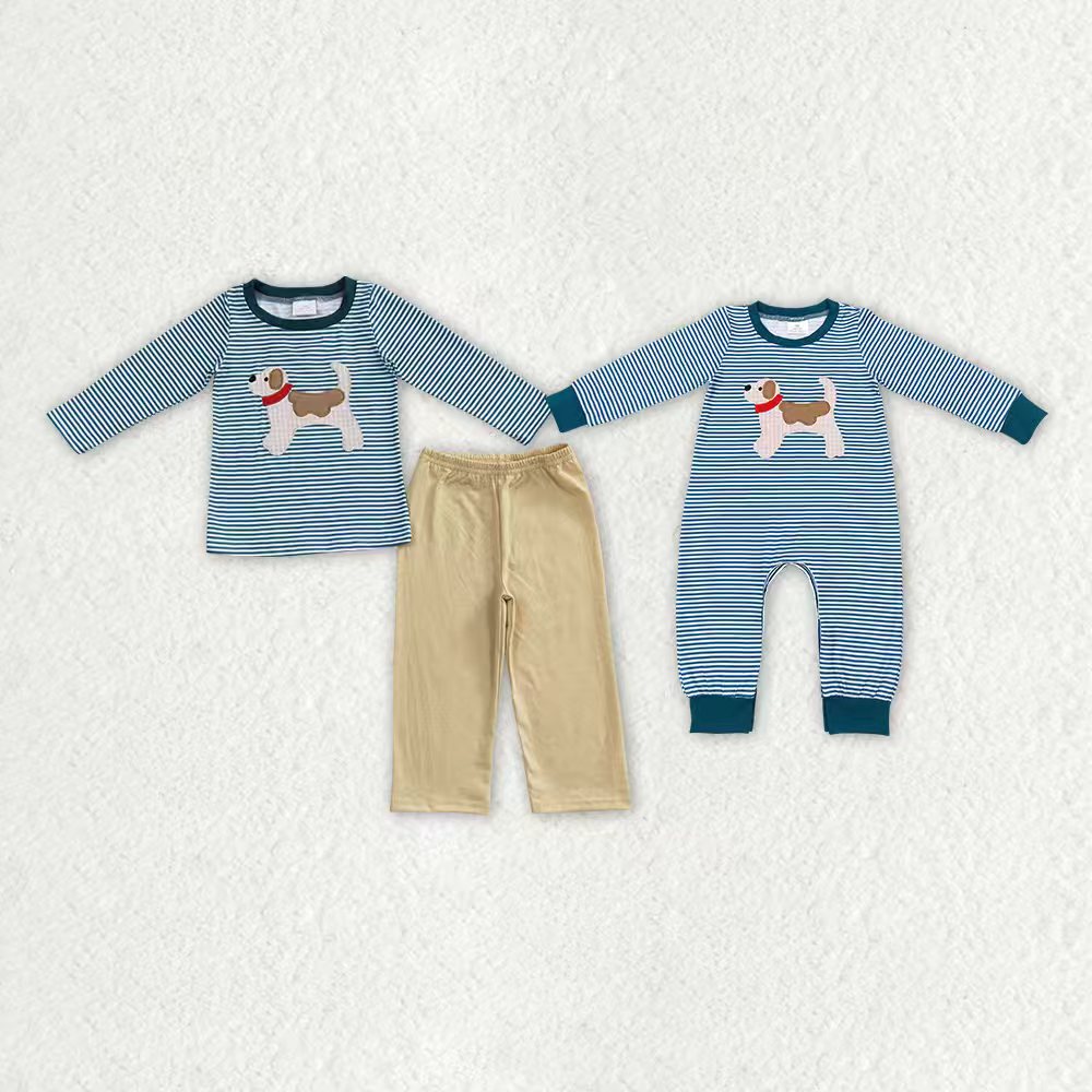 Sibling Embroidery Dogs Baby Boys Blue Stripe Shirt Pants Clothes Sets Footie Rompers