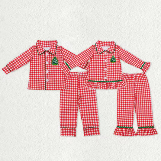 Sibling Baby Boy Girls Embroidery Trees Button Top Pants Christmas Pajamas Sets