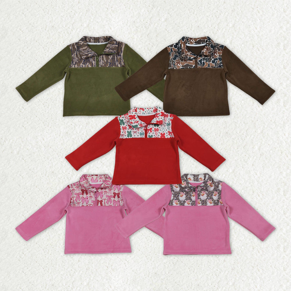 Sibling Baby Boys Girls Long Sleeve Bows Camo Zipper Pullover Sherpa Tops