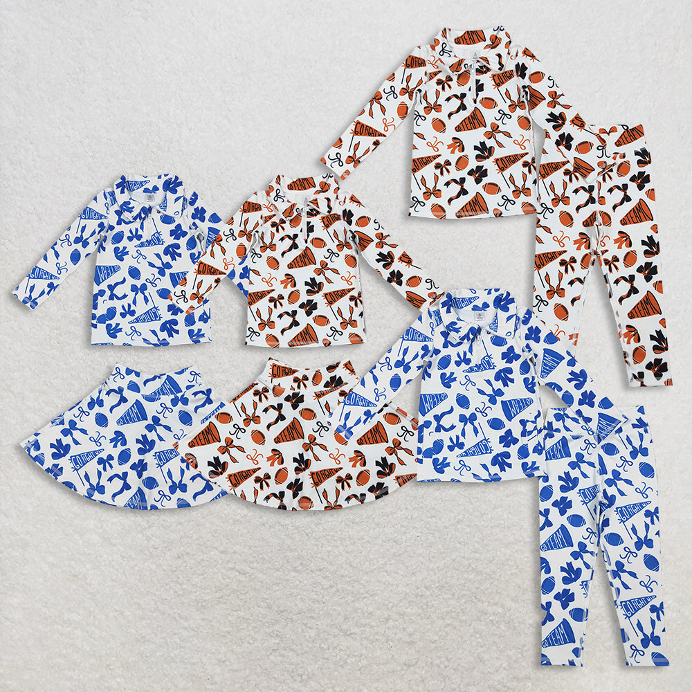 Sibling Baby Girls Bows Footballs Go Team Zipper Pullover Leggings Skorts Yoga Active Clothes Sets